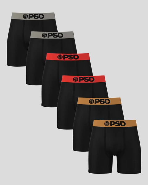 Six black boxer briefs with PSD branded waistbands in gray, red, and tan.