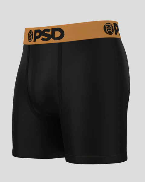 Black boxer briefs with tan PSD waistband and logo on elastic.