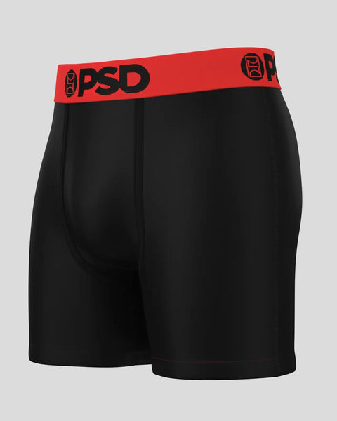 Black boxer briefs with red and black PSD waistband featuring logo.