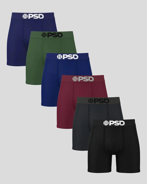 Six PSD boxer briefs in dark tones: navy, green, blue, burgundy, charcoal, and black with branded waistbands.