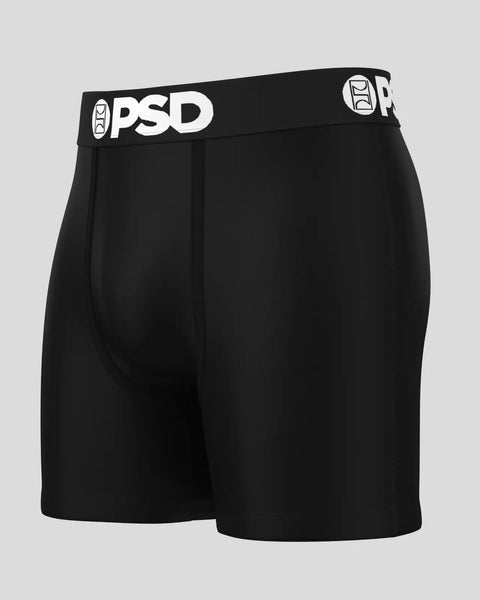 Black boxer briefs with PSD branded waistband and center seam detail.