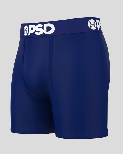 Dark navy blue boxer briefs with white PSD waistband and logo.