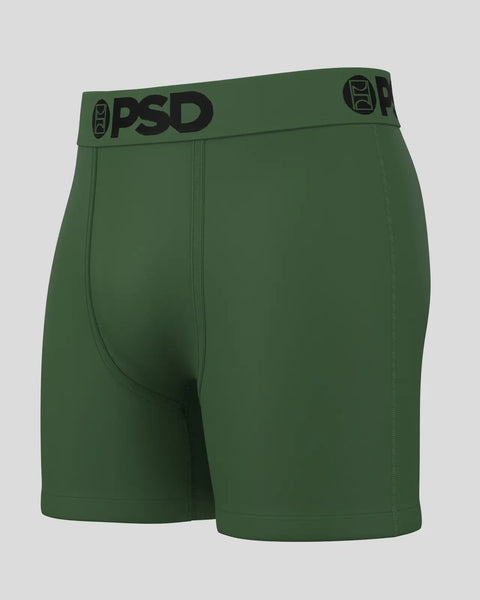 Dark green boxer brief with PSD waistband and center seam detail.