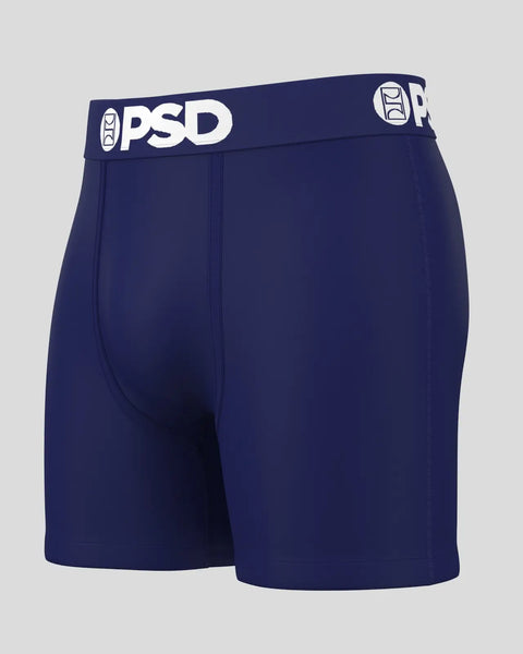 Navy blue boxer briefs with white PSD logo waistband and center seam detail.