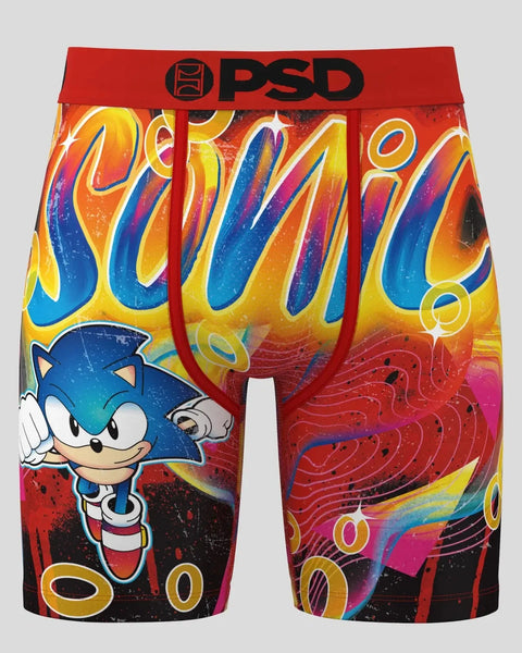 PSD boxer briefs featuring Sonic the Hedgehog character with colorful abstract design and red waistband.