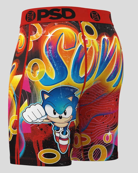 PSD Sonic retro boxer shorts with blue character, colorful neon graphics, and red waistband.
