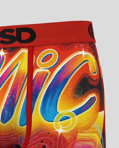 Red boxer briefs with colorful gradient Sonic character design and black waistband text.