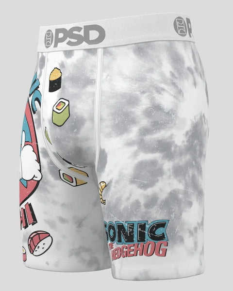 PSD boxer briefs with gray tie-dye pattern, Sonic the Hedgehog graphics, and sushi illustrations on white background.
