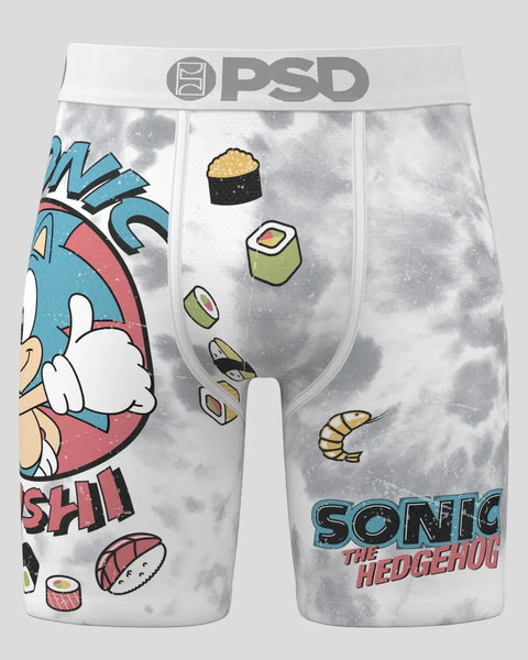 PSD boxer shorts with Sonic the Hedgehog and sushi print on white tie-dye fabric.