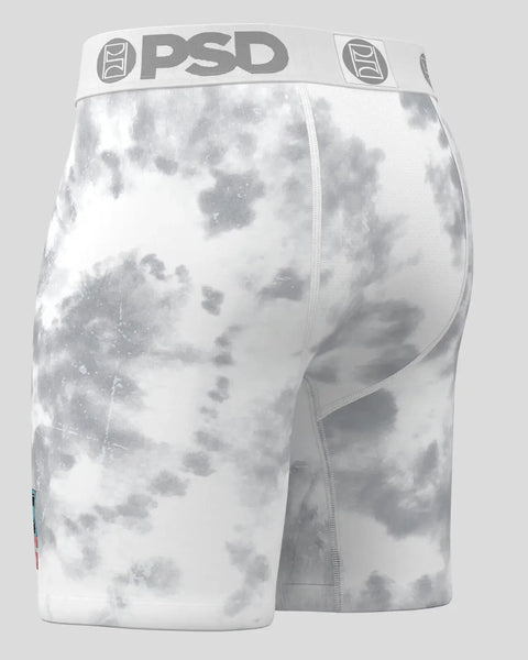 PSD brand boxer briefs with gray and white tie-dye pattern and contrast stitching.