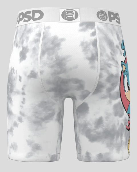 White tie-dye boxer briefs with Sonic character graphic on right leg and gray PSD waistband.