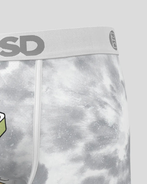 White and gray tie-dye boxer briefs with gray branded waistband and white center seam.