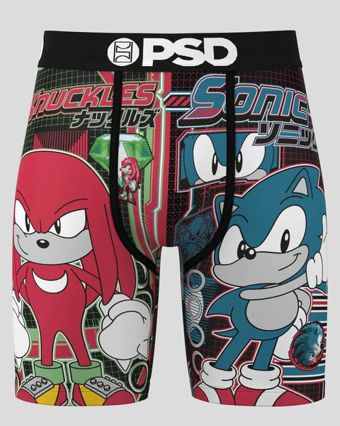 PSD boxer briefs featuring Knuckles in red on left side and Sonic in blue on right side with grid background pattern.