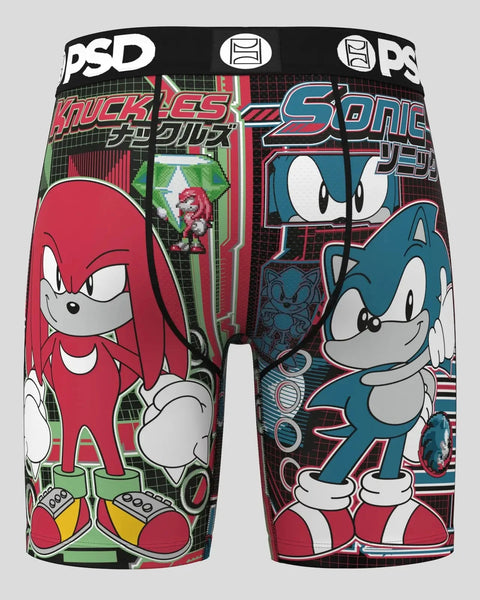 PSD boxer briefs featuring Knuckles in red on left side and Sonic in blue on right side with game-style graphics.