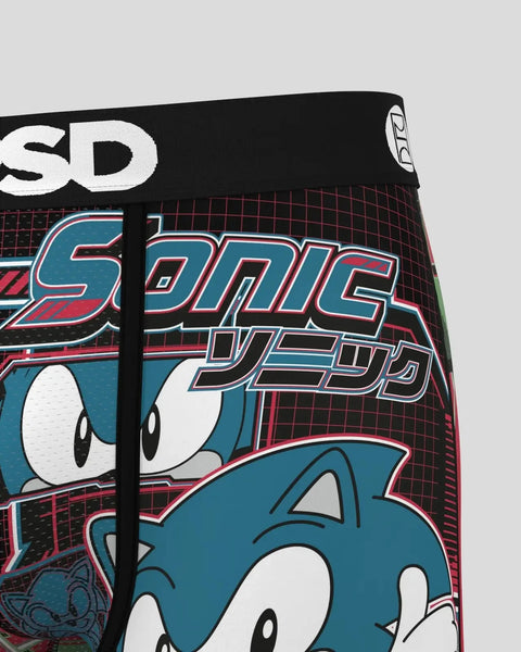 Sonic the Hedgehog and Knuckles artwork with stylized Japanese text and red grid background on black fabric.