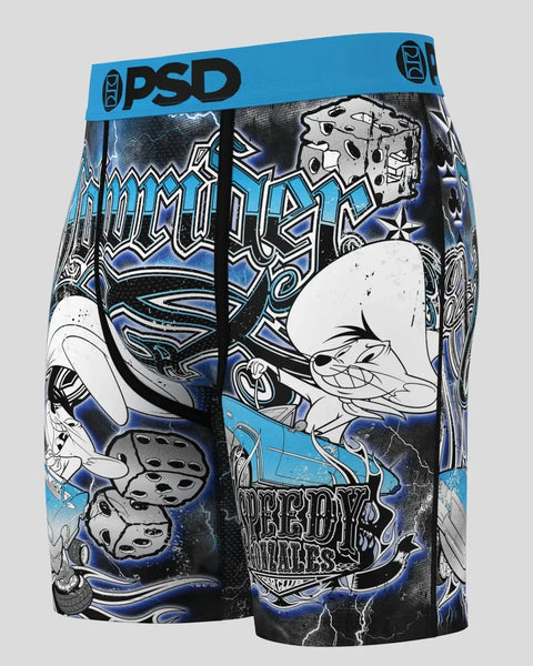 PSD brand boxer shorts with blue waistband featuring Speedy Gonzales cartoon character and graffiti-style graphics in black, 