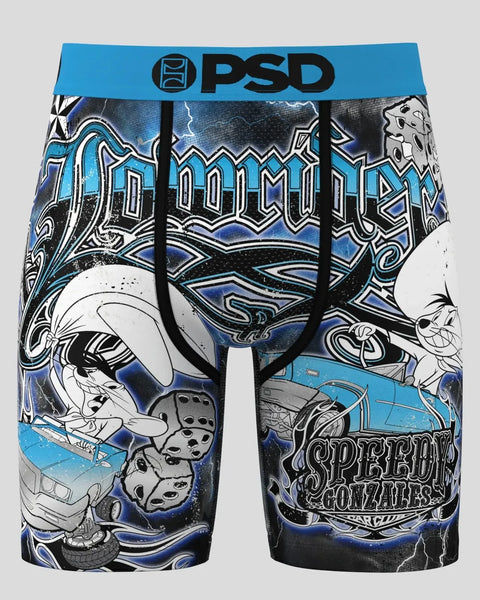 PSD boxer briefs featuring Speedy Gonzales character artwork in blue, black, and white with decorative graffiti-style designs