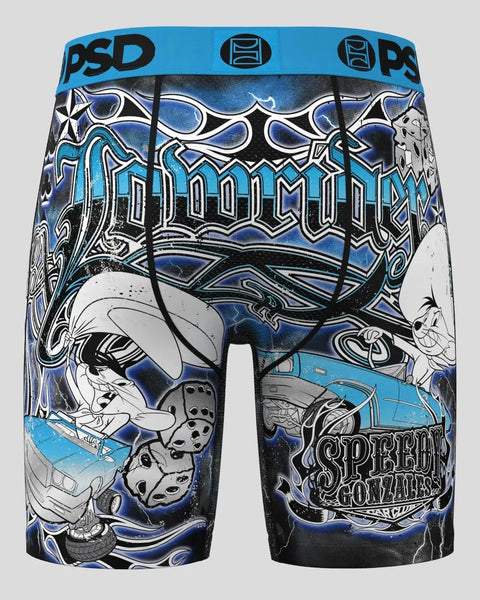 PSD brand blue and black boxer briefs featuring Speedy Gonzales cartoon character and ornate graphic design.