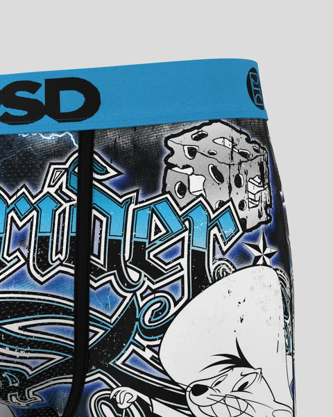 Speedy Gonzales cartoon character on blue waistband with black text and decorative graphics.