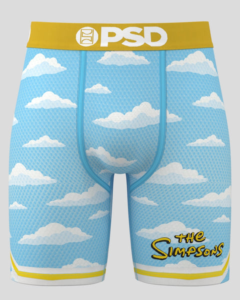 PSD boxer briefs with blue sky background, white clouds pattern, yellow and white trim, and The Simpsons logo.