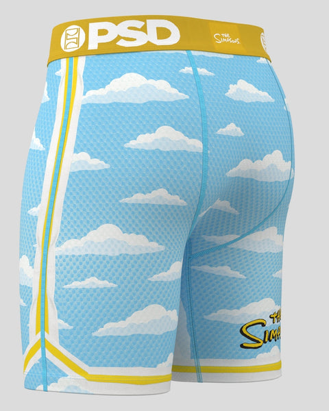 Blue PSD boxer briefs with white cloud pattern and yellow waistband featuring The Simpsons branding.