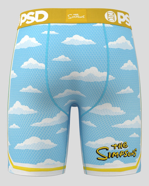 Blue boxer shorts with white clouds pattern and yellow PSD waistband featuring The Simpsons branding.