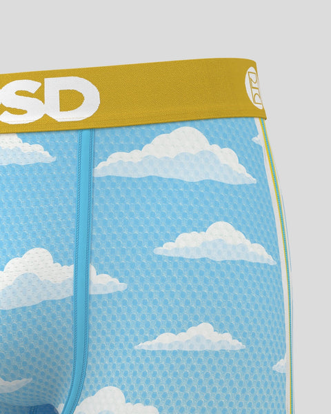 Blue and white cloud pattern underwear with yellow waistband and 
