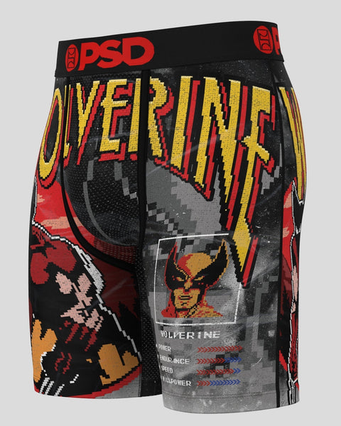 PSD Wolverine retro boxer briefs with pixelated yellow text, red and black character graphics, and stat details on black wais