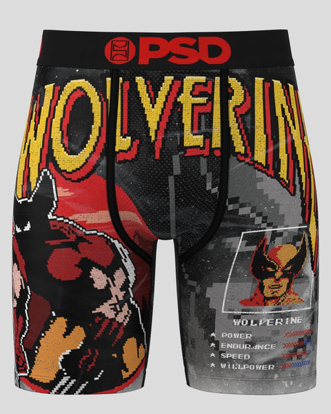 Black and red PSD boxer briefs with pixelated Wolverine artwork and yellow text on front and back panels.