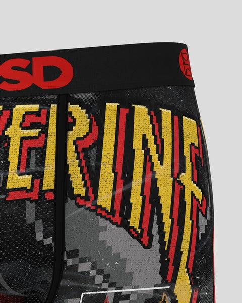 Black mesh briefs with red and yellow pixelated Wolverine graphic design and text on front.