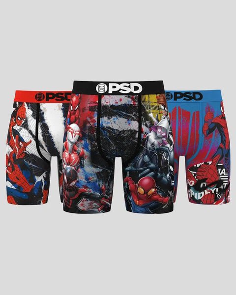 Three PSD brand Spider-Man boxer briefs with red, black, and blue designs featuring Spider-Man characters and logos.