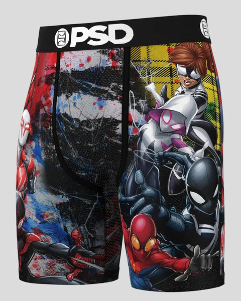 Three PSD boxer briefs with Spider-Man characters and graffiti-style graphics in red, black, and yellow.