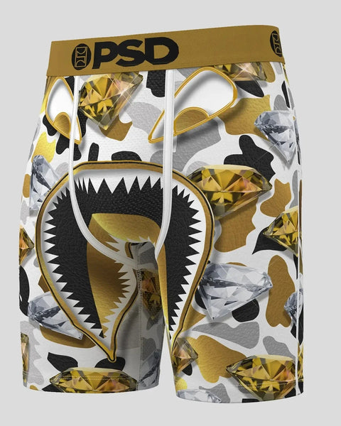 PSD boxer briefs with gold waistband, featuring white base with gold and gray gemstone print and black shark mouth graphic.