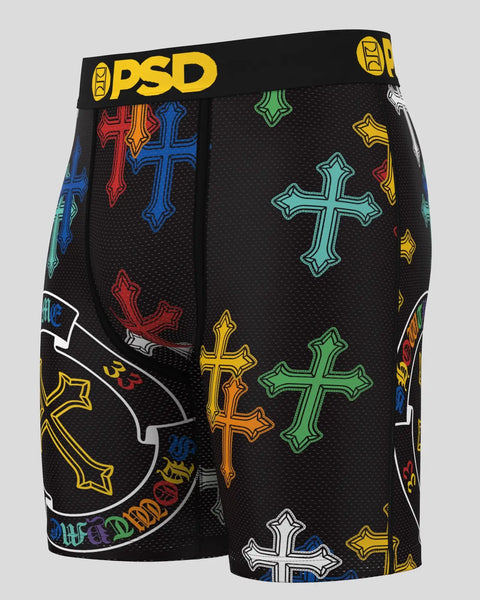 Black PSD boxer shorts with colorful outlined cross designs in red, blue, green, and yellow on front and back panels.