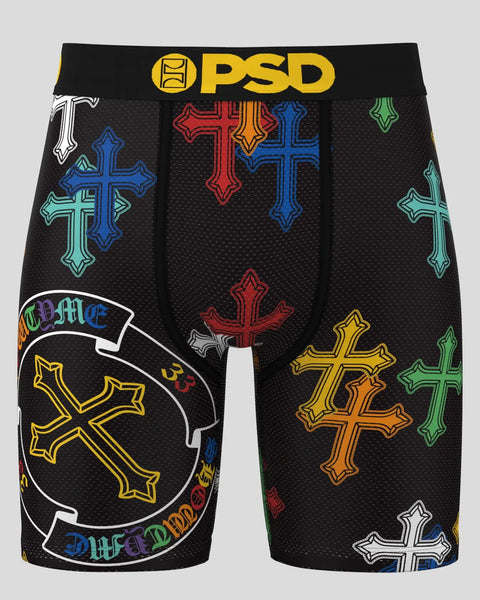 Black PSD shorts with colorful cross designs in red, blue, yellow, and green throughout.