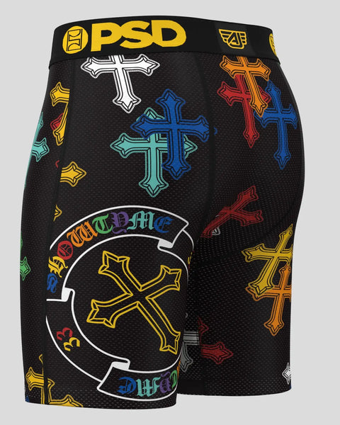 Black PSD shorts with multicolored cross patterns and 