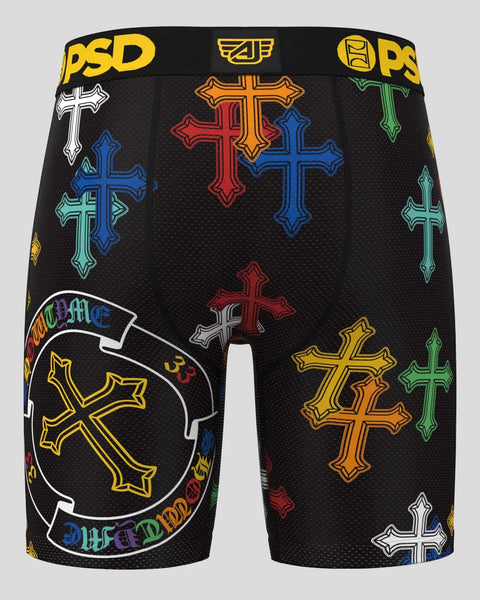 Black PSD boxer briefs with multicolored decorative crosses and circular logo design on front and back.