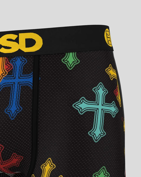 Black mesh briefs with colorful cross patterns in blue, green, yellow, and red, featuring 