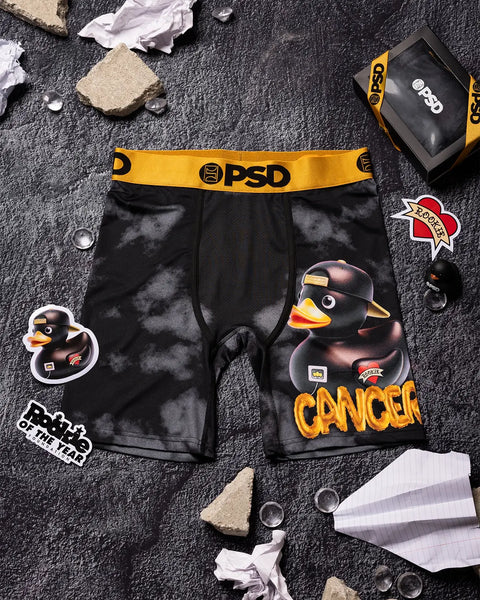 Black PSD boxer briefs with yellow waistband and cartoon duck graphic with 