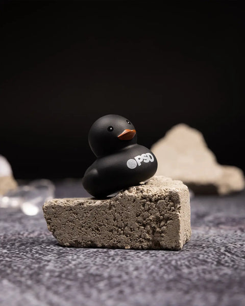 Black rubber duck with orange beak and 