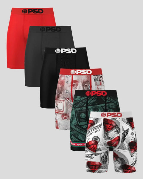 Six PSD boxer briefs in red, black, and patterned designs with branded waistbands.