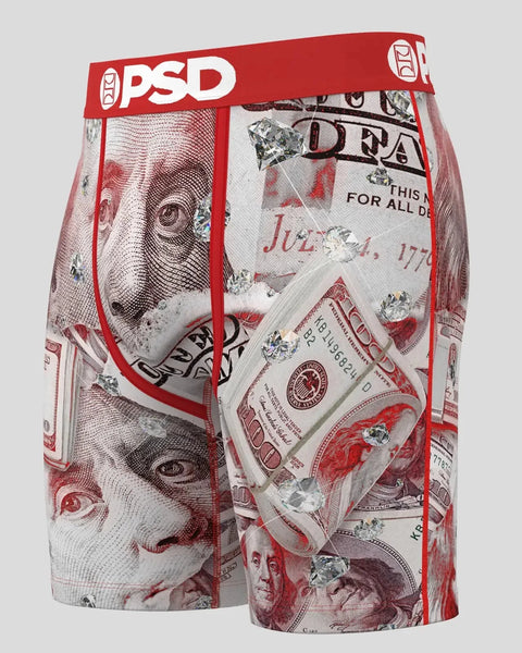 Red and white PSD brand boxer shorts with all-over US currency and portrait print design.