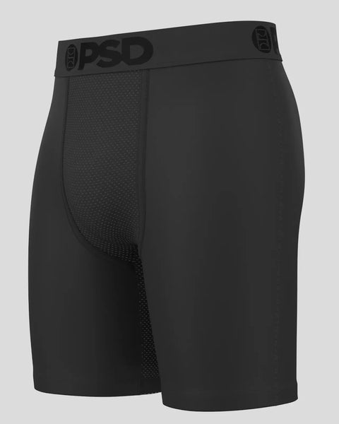 Black PSD boxer briefs with mesh panels and branded waistband.