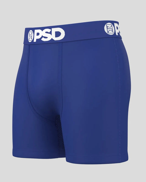 Navy blue PSD branded boxer briefs with white waistband logo and mesh paneling on sides.
