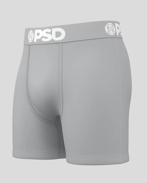 Gray boxer briefs with PSD waistband and center fly seam.