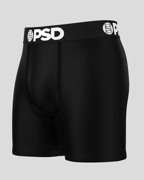 Black PSD brand boxer briefs with white waistband logo and mesh side panel.