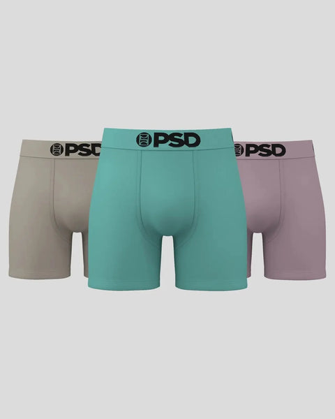 Three boxer briefs in beige, teal, and mauve with PSD waistbands and fly fronts.