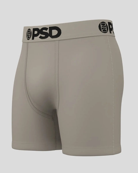Beige PSD boxer briefs with black branded waistband and center seam.