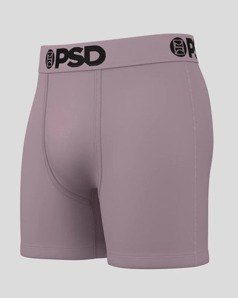 PSD brand boxer briefs in mauve with black waistband logo and center seam detail.