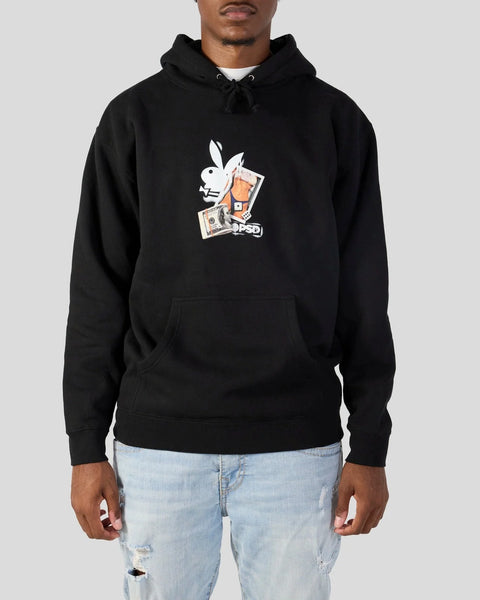 Black hoodie with white drawstrings, featuring a Playboy bunny logo holding money and cards on the chest.